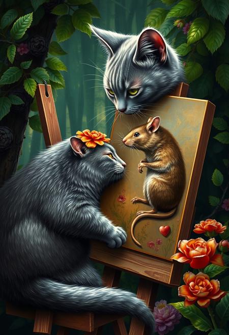 lush green forest, grey cat paints a portrait of gold rat on an easel, romance, colorful, hyper-realistic, hyper-detailed, ultra-sharp, chiaroscuro lighting, vivid colors
