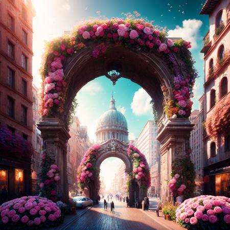 photo (FlowerGateway style:1) digital painting of an archway in the middle of a city <lora:djzFlowerGatewayV21:1>