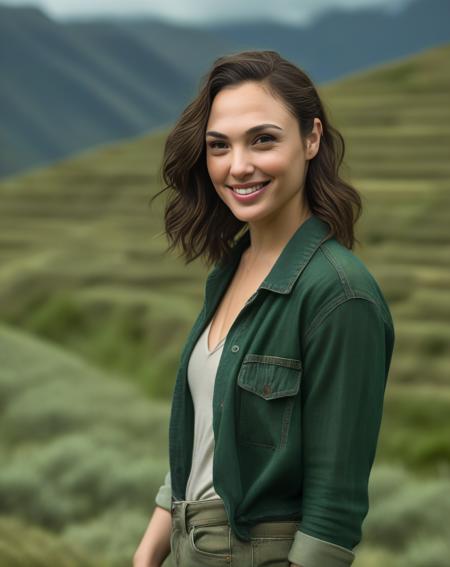 GalGadot, photograph, Acclaimed Messy buff Girl, wearing Dreamlike Lovecraftian Straw deep green Boyfriend jeans, One Hand in Pocket, inside The Andes Mountains, Smiling, Phase One XF IQ4 150MP, F/8, <lora:GalGadotSDXL:1>