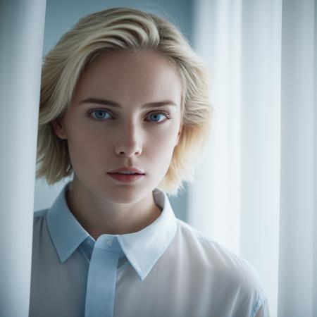 cinematic film still of  <lora:High-key lighting Style:1>
bright light, bright, a woman is hiding behind a white sheet High-key lighting Style,1girl,solo,looking at viewer,short hair,blue eyes,blonde hair,simple background,shirt,white background,white shirt,lips,curtains,realistic,white theme,curtain grab, shallow depth of field, vignette, highly detailed, high budget, bokeh, cinemascope, moody, epic, gorgeous, film grain, grainy