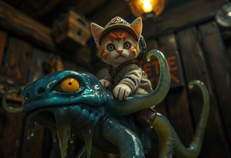 Explorer, small cute cat, green grey eyes, jewelry, orange hair, riding on a blue but transparent tentacle alien, soft glowing, yellow eyes, transparent green slime tentacles, thic tentacles, low angle, perfect  shot, perfect timing, in a dark old tavern, slimy, dripping slime, dust, rusty, dim light, dark night, professional photography, 8k dslr, hdr, soft backlighting, mix of sci-fi and horror and fantasy, miniature style shot, hint of clay motion,