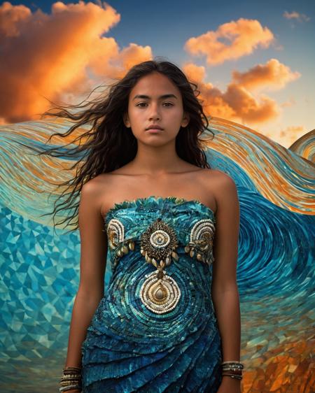 RAW image, DSLR photo of a slender deeply-tanned 20-year-old Tahitian girl, super model, nude, perfect breasts, cute pubic hair, sexually suggestive, seated in a 29th century simulated reality.

The simulation is in flux.

On the one side there is a wildly surreal extra-dimensioanal blending of ecclectic art styled paterns morphing into a photorealist ic environment at the edge of a calm lagoon. Her sculpted features — high cheekbones, thick dark eyebrows, full, soft lips, and slightly damp skin — convey quiet emotion. Her eyes glisten, fixed on a point beyond the horizon, brows faintly furrowed in restraint. A faint breath rises in her chest, visible in the softness of her collarbone and throat. Her hair is adorned with fading island flowers, a few strands clinging to her cheek.