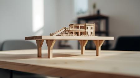a model of the building is placed on a table architectural manual model architectural wood model bright fhd 4k high resolution hyper quality high detail full details realistic hyperrealism ultra wide shot canon 5d architectural visualisation v-ray quixel megascans render octane render