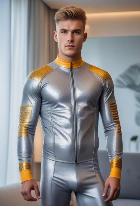 a strong 24-year-old german hunk male, with a side fringe curtains undercut hairstyle, detailed face, mindless expression,  wearing a skin tight light-gray rubber suit with silver and gold electronics circuits patterns, wearing a light-gray rubber jockstrap, on a modern living room, standing at attention pose, full body visible, looking at viewer, portrait, photography, detailed skin, detailed rubber texture, realistic, photo-realistic, 8k, highly detailed, full length frame, High detail RAW color art, diffused soft lighting, shallow depth of field, sharp focus, hyperrealism, cinematic lighting