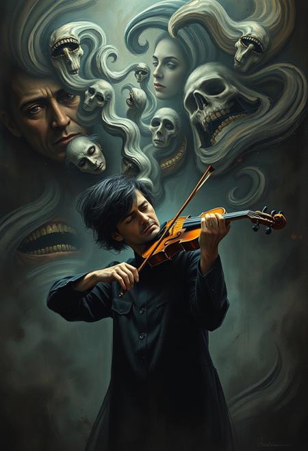 A violinist playing in a grand hall, the sound visually represented through swirling brushwork, surreal poster art, dark and haunting atmosphere, photorealistic detail, expressive faces, distorted forms, intense emotional impact, symbolic imagery, rich textures, muted color palette, psychological depth, dreamlike composition, mysterious and unsettling, conceptual symbolism, thought-provoking and provocative, Eastern European influence