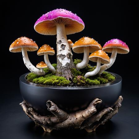 mysterious translucent transparent glass mushroom mixed with birch tree in slimy black bonsai pot, intricate and hyperdetailed raw photography by  Lee Jeffries, Joe Fenton, Andree Wallin, Killian eng, Sung Choi, album cover art, amazing depth, perfect ratio, hdr, perfect balanced styles, magical, intense back light, stunning soft smoke, impressive masterwork by head of prompt engineering, hyperkraximalism  <lora:hyperkraximalism:0.3>