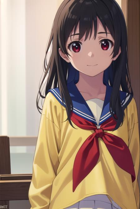 inarifushimi, <lora:inari fushimi s1-lora-nochekaiser:1>,
inari fushimi, long hair, black hair, (red eyes:1.3), smile,
BREAK skirt, school uniform, serafuku, blue sailor collar, shirt, (light yellow shirt:1.5), long sleeves, blue skirt, neckerchief, (red neckerchief:1.5),
BREAK indoors, classroom,
BREAK looking at viewer, (cowboy shot:1.5),
BREAK <lyco:GoodHands-beta2:1>, (masterpiece:1.2), best quality, high resolution, unity 8k wallpaper, (illustration:0.8), (beautiful detailed eyes:1.6), extremely detailed face, perfect lighting, extremely detailed CG, (perfect hands, perfect anatomy),