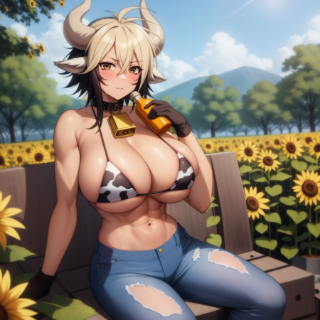 <lora:Cathyl:1>,
anime screencap,farm,outdoors, 
1girl, multicolored hair, cow girl, solo, blonde hair, dark skin, cow print, abs, two-tone hair, bottle, cow horns, (dark-skinned female:1.3), sitting, swimsuit, bikini, neck bell, pants, sweat, gloves, muscular, black hair, cowbell, collar, sunflower, outdoors, denim, torn clothes, cow ears, dyed bangs, jeans, huge breasts, day, brown eyes, short hair, flower, looking at viewer, navel, animal ears, muscular female, sky, cleavage, torn pants, bikini top only, holding bottle, holding, hair between eyes,(messy hair:1.2),