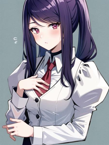 1girl, solo, bangs, blush, hand on own chest, jill stingray, long sleeves, looking at viewer, purple hair, medium breasts, necktie, shirt, solo, upper body, vest,  <lora:Jill_Stingray-02:1>, bartender, vest, white shirt,