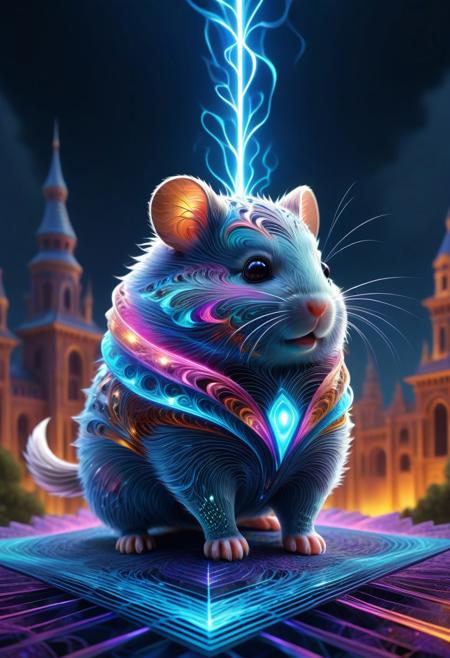 A grandiose arena in a sprawling fractal fantasy metropolis, where a super cute hamster, clad in gleaming, geometrically-patterned armor, engages in an electrifying battle. The hamster’s armor is intricately detailed, with glowing fractal designs and arcs of neon lightning coursing through its diminutive hammer. Its whiskers twitch in fierce concentration, its eyes glowing with fractal energy, radiating both regality and formidable power.
The arena is alive with fractalized spectators, their forms blending into a sea of glowing, geometric shapes and vibrant colors. Banners flutter in the breeze, adorned with fractal emblems of mythical beasts and legendary heroes. The sky above is a mesmerizing blend of clear blue and swirling fractal clouds, the sun casting a radiant glow on the polished, fractal-patterned stone grounds.
Around the edges, otherworldly flora thrives, their leaves and petals glowing with fractal magic, contrasting with the crowd’s electric energy. The air crackles with arcs of neon lightning, and the atmosphere is filled with booming shouts of excitement and awe. The scene captures the thrill and valor of battle in a surreal, fantastical setting, where even the smallest hero wields mighty powers, inspiring courage amidst roars of admiration and skies alive with electric, fractal energy.