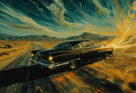 A sleek, shiny vintage car roars down a desolate highway, its form a silhouette against the breaking dawn. The road stretches endlessly, glowing with streaks of deep cobalt, vibrant gold, and shimmering teal that bleed into the sky, casting an ethereal glow over the surreal landscape. Directional light from the rising sun creates sharp contrasts, highlighting the swirling mist that clings to the ground and refracting into shimmering light particles suspended in the air.
The car’s headlights blaze through the haze, their beams carving bright trails that dissolve into the motion blur of its overdrive pace. The close-up view captures the car’s polished surface in exquisite detail, its chrome accents reflecting a kaleidoscope of shifting hues as if alive with energy. The road below blurs into streaks of motion lines, adding a visceral sense of speed and urgency, while the elongated shadows of the car dance across the cracked asphalt.
Above, the sky churns with vivid, surreal hues, swirling like molten glass, creating a striking juxtaposition against the gothic emptiness of the road. The haunting beauty of the dawn evokes a sense of transition—both an ending and a beginning—while the image’s vibrant colors and dynamic perspective immerse the viewer in a cinematic moment of raw, unrelenting motion.The entire scene exudes symbolism—speed, freedom, and the fleeting passage of time. The motion and vivid colors pull the viewer into a dreamlike, cinematic moment frozen in time.