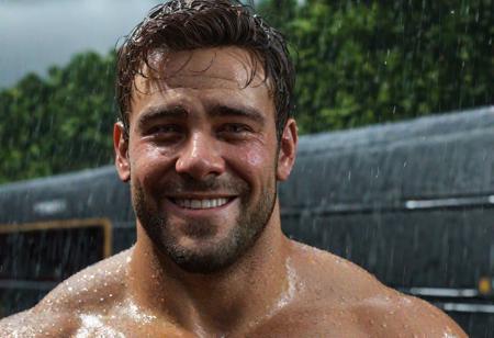 fat man, full body, , Realistic, rain, (ultra detailed), (ultra realistic), RAW photo, HDR, extremely detailed face, photorealistic, 8k, high res, full body,  smiling, , ultra detailed), (ultra realistic), RAW photo, HDR, ,photorealistic, 8k, high res, detailed eyes, perfect eyes, shirtless, full body show always, crossed eyes, buck tooth, crossed eyes, buck tooth, crossed eyes, buck tooth,