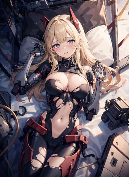 1girl,solo,
<lora:T88[mecha musume, mechanical parts, robot joints,android,mechanical body,headgear]:0.6>,
large breasts, cleavage, bottomless, torn clothes, torn bodysuit, navel,blush, wince, embarrassed, tears,
 mechanical parts, robot joints,android,mechanical body,headgear,very long hair, blonde hair, 
 factory, lying_on_back,dakimakura \(medium\),