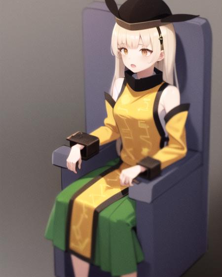 <lora:matara_okina_v1:0.8>, matara_okina, 1girl, solo,
detached sleeves, long sleeves, green skirt, hat, orange eyes, blonde,
<lora:BondageChairV1:0.8>, sitting, bondage, restrained