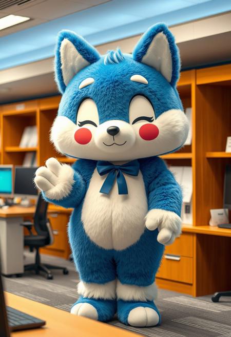 a photorealistic image, 4K, absurdres, amazing quality, hires, Furry Mascot costumed, plushy like, animal ears, standing in office, blue and white fur, cute, anime, doll, kawaii,