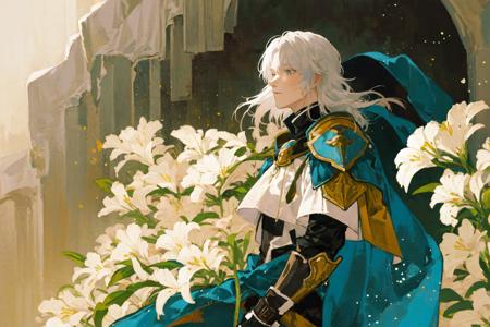 masterpiece, best quality, extremely detailed, detailed background, detailed face, parted bangs, long hair, flower, armor, solo, holding flower, 1boy, male focus, holding, gauntlets, white hair, cape, white flower, white cape, sitting, from side, lily (flower), breastplate, <lora:mgm128dim-epoch-000008:1>