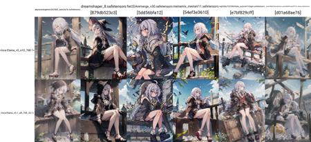 1girl, solo, long hair, blush, bangs, blue eyes, skirt, shirt, long sleeves, hair between eyes, sitting, closed mouth, white shirt, ahoge, legs, grey hair, pleated skirt, outdoors, open clothes, cloud, hood, miniskirt, wide sleeves, black skirt, black footwear, bare legs, profile, bird, hood down, cloak, robe, elaina \(majo no tabitabi\), looking to the side, <lora:Elaina_v5_e10_768:1>