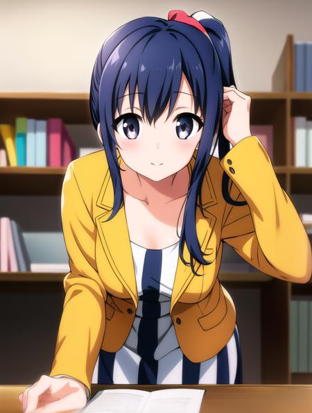 leaning forward, 1girl, imai midori, side ponytail, purple hair, yellow jacket, vertical stripes BREAK office room <lora:imai_midori:0.8>