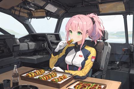 (masterpiece, best quality:0.5),
sci-fi, mecha (interior:1.2), milky way
BREAK
beautiful girl, tender, neat, curiosity,
pilot suit, hair pin, ponytail, small breasts,
eating kebabs
BREAK
pink hair, light green eyes