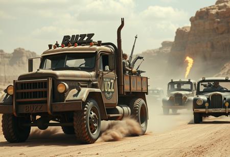 Mad Max dusty hurt serious driving a rusty tranker truck  with spikes and old weapons with the letters "BUZZ" on the side of the truck being chased by several post-apocalyptic cars with guns and people shouting "give me BUZZ"
