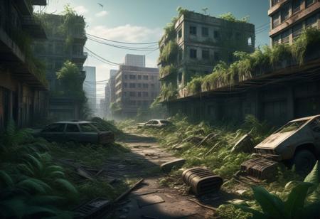 Dystopian landscape, fallen city, human extinction dense vegetation reclaiming metropolis, (intricate details:1.12), hdr, (intricate details, hyperdetailed:1.15), hyperrealism, soft light, (sharp:1.2), game art, key visual, surreal, volumetric lighting, depth of field, cinematic, vibrant, shadows, detailed,