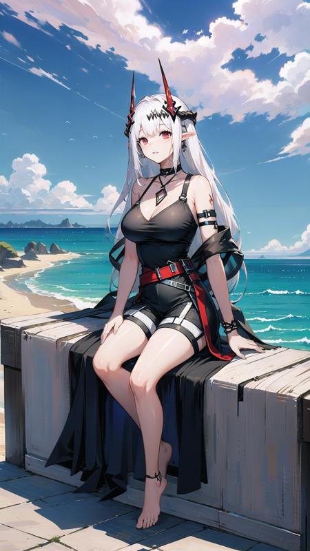 1girl, woman, mudrock (arknights), red eyes, solo, long hair, horns, black dress, short dress, shorts, white shorts, hair ornament, pointy ears, breasts, white hair, oripathy lesion (arknights), infection monitor (arknights), bangs, breast, full body, (sitting:1.5),  <lora:MudrockV1.0:0.6>, mudrockdefclass, black horns, horns, beach background, blue sky, clouds,