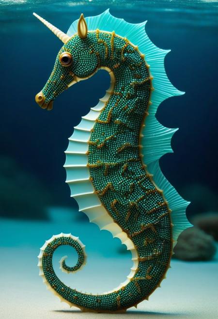 circuit board,carved to resemble the shape of a seahorse, with every detail meticulously crafted to capture the delicate features of the creature. Its body curves gracefully, adorned with tiny scales and delicate fins that seem to ripple in an invisible current. The eyes are inset with precious stones, shimmering with an ethereal glow,shards,underwater,BugCraft,under the water,under water