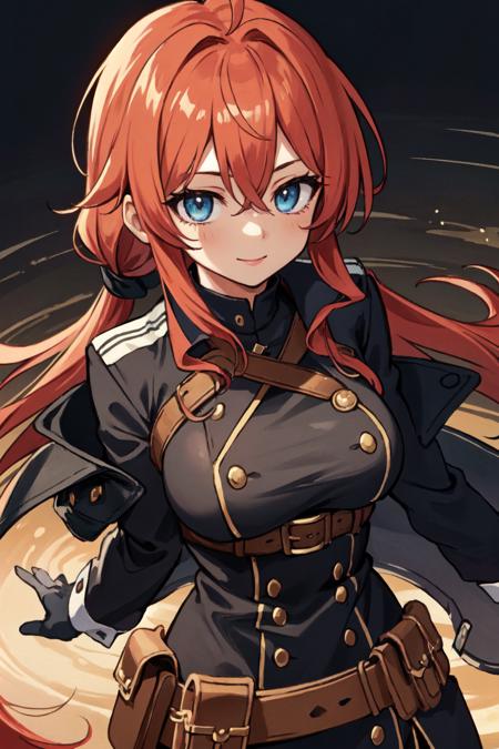 (masterpiece:1.2, best quality:1.1), looking at viewer, full_body, 1girl, solo, red hair, long hair, ponytail, ahoge, blue eyes, hair between eyes, large breasts, smile, gloves, black gloves, black jacket,  jacket, belt, bangs, long sleeves, snap-fit buckle, open jacket, open clothes, sidelocks, pouch,, Ray Tracing, (8k), (4k), Global Illumination, Brilliant Colorful Paintings, Dramatic Shadow, An Extremely Delicate And Beautiful, Best Shadows, extremely detailed, intricate, sharp focus, hyper detailed, Shallow Depth of Field, Dramatic Lighting,