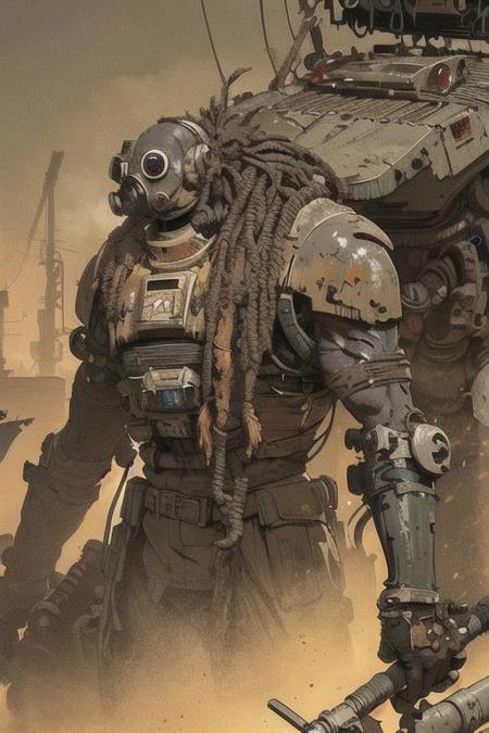 Midjourney aesthetics, 2d artwork, <lora:Scavengers:0.5>, upper body, a man on  watelands,  dreadlocks, gas mask, mech, dust, post apocalytic aesthetics, rusted heavy machinery on the background,  artistic approach, dynamic pose, rusted machetes and blades,