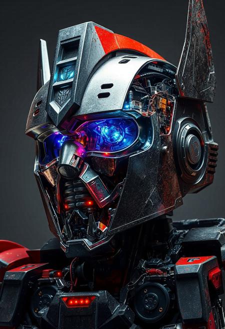 hyperrealistic, optimus prime, A transformers robot with a cut-away view showing pistons and led's and circuit boards and motors. sliced in half.