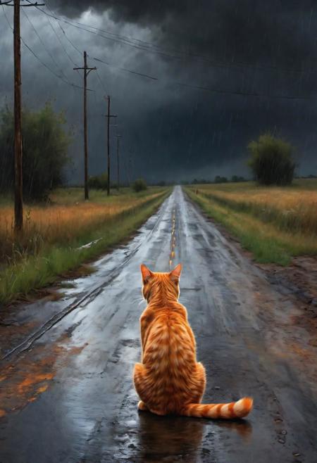 A lonely abandoned orange cat is sitting on the country road, back facing camera, (car leaving in the distance:1.1), car, rain, (thunderstorm:0.8),
(in Nicola Samori style:1.2),  (oil painting:0.1), dark theme, grim, sad, (best quality, 8K, high resolution, extreme detail, outstanding composition:1.2),
