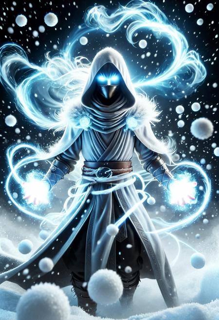 snowcaster, sn0wb4ll, 1boy, full body, fighting stance, glowing white eyes, hooded cloak, eather armor, snowing, snowballs, ethereal aura, energy flow, wind, magic,  <lora:Snowcaster:0.8>