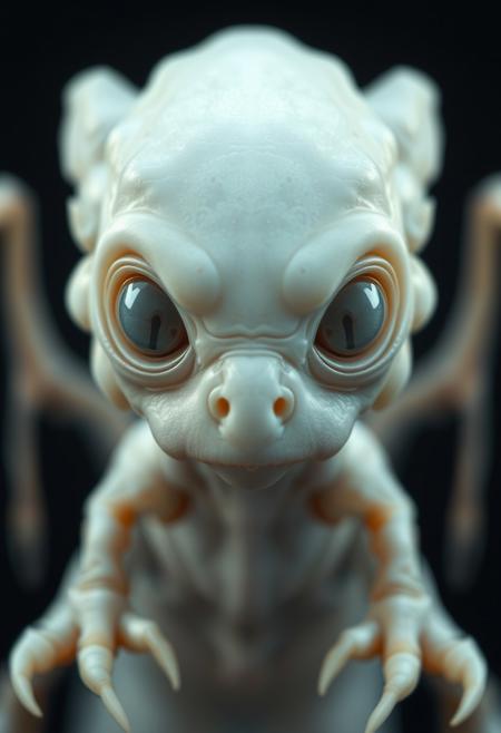 super close up shot, symmetrical front view of an albino underworld cute creature, small white zombie eyes, hyper realistic, ultra detailed, translucent oiled skin