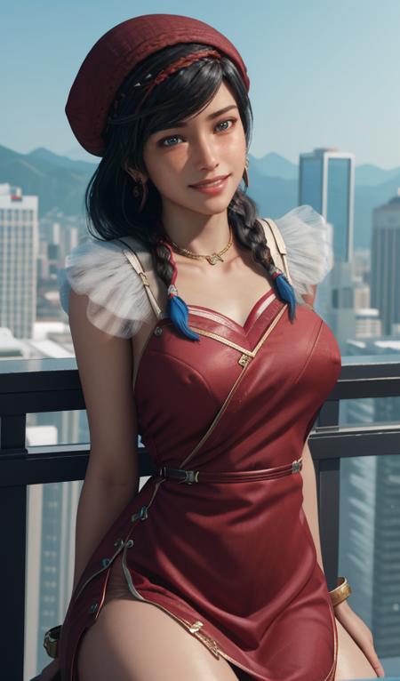 highres, 8k, 4k,hdr, soft light, ((best quality)), ((masterpiece)), (detailed), 1girl, 2 red braids with jewelry,beanie,black hair, blue eyes, earrings, female focus, kait diaz,realistic, solo, <lora:KaitDiazV2.5:0.8>, smiling, teeth, sexy, beautiful red dress, skyscraper, full body