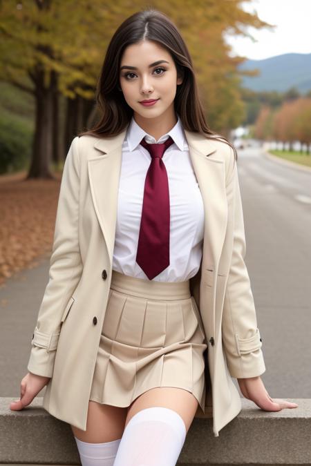 1 woman, beautiful, detailed, full body shot, scenic view
<lora:Pleated Skirt & Top By Stable Yogi:0.8> ivory pleated skirt, shirt, coat, necktie, thighhighs