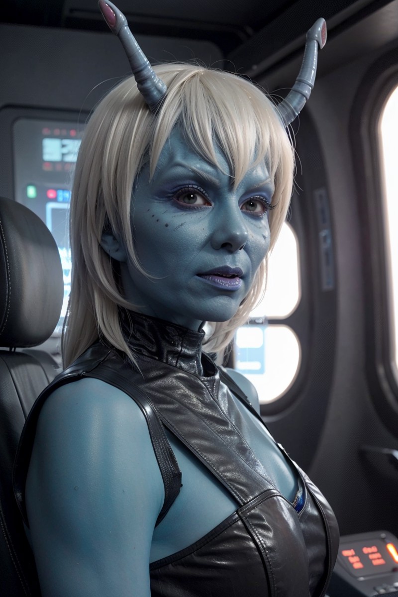 andorian woman, (alien:1.3), white hair, blue skin, antennae, leather armor, scifi starship interior,  <lora:race_st_andor...