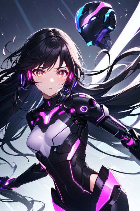 (sfw), intricate details, (bright neon colors), detailed background, night, 1girl, (petite, (cute face, bright glowing purple eyes), (human torso, petite perky breasts, robotic limbs), (black hair, absurdly long hair, hair blowing in the wind)), sleek detailed impossible bodysuit, cybernetic headset, sneaking, dynamic angle