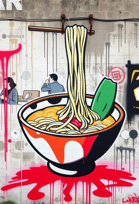 Graffiti art of a bowl of ramen noodles, japanese modern art, street mural, spray paint, highres, great quality