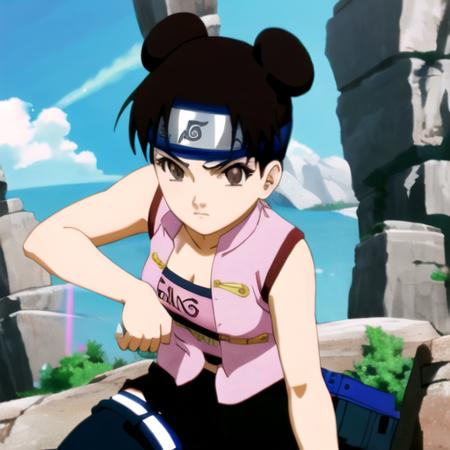 <lora:tenten-04:1>, tntn, 2 buns, short brown hair, "sleeveless pink shirt", ((open shirt)), bikini, girl, v eyebrows, crouching, armpits, black pants, rock, sky, side view, scrolls, weapons, chains