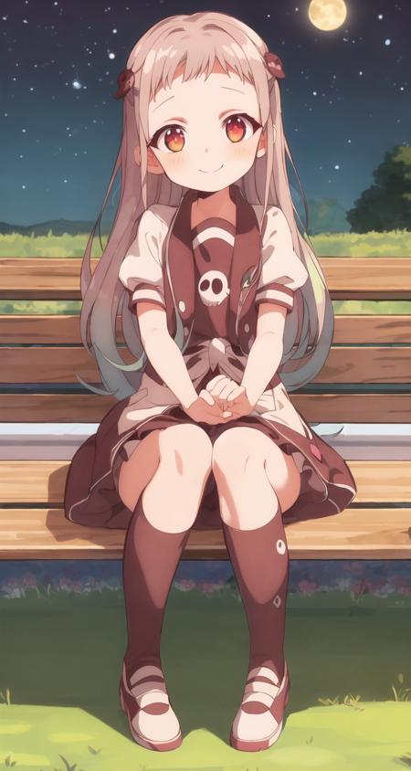 ((Masterpiece)), ((ultra quality)),  (fullbody), shoes, pantyhose, <lora:yashiro_nene:.7>, yashiro nene, solo, open mouth, smile, sweat, school uniform, > <, funny expression, sitting on a park bench, moonlight, night time, red eyes, orange eyes