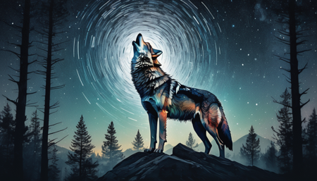 surreal double exposure portrait of a beautiful howling wolve in dark mountain forest scenery against star trail starry night, by Dave White, Conrad Roset, Brandon Kidwell, Andreas Lie, Dan Mountford, Agnes Cecile, triadic colours, thick opaque strokes, accurate depth of field, hyper detailed, whimsical, dynamic, dreamy masterwork