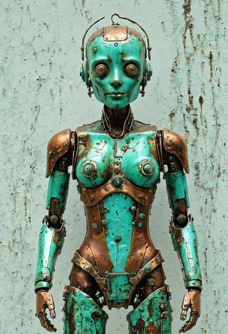 Adorable miniature robot, patina metal skin, PMS style, tiny weathered copper chassis, microscopic rust patterns, delicate verdigris blooms, tarnished brass components, oxidized silver joints, aged patina finish, intricate surface corrosion detail, vintage clockwork aesthetics, soft natural lighting, macro photography depth, steampunk workshop setting, 8k detail, award winning composition