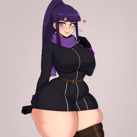 (masterpiece, best quality:1.3), DrunkAvocado, 1girl, solo, looking at viewer, seductive smile, blushing, wide hips, mature female, thick thighs, purple hair, purple eyes, long hair, purple scarf, ponytail, gloves, scarf, thigh strap, dress, black gloves, long sleeves, coat, black coat <lora:DrunkAvocado Style Lora:.85>