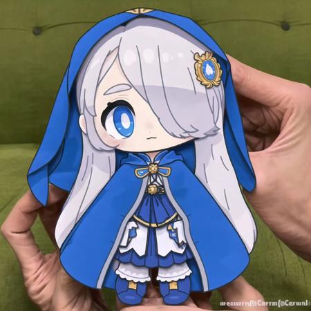 <lora:wasu:1>, pepako, person holding a paper cut doll, 1girl, akapug621, blue cape, blue cloak, blue eyes, cape, cloak, doll, eyebrows visible through hair, hair ornament, hair over one eye, holding, holding doll, long hair, royal robe, silver hair, solo, upper body, very long hair