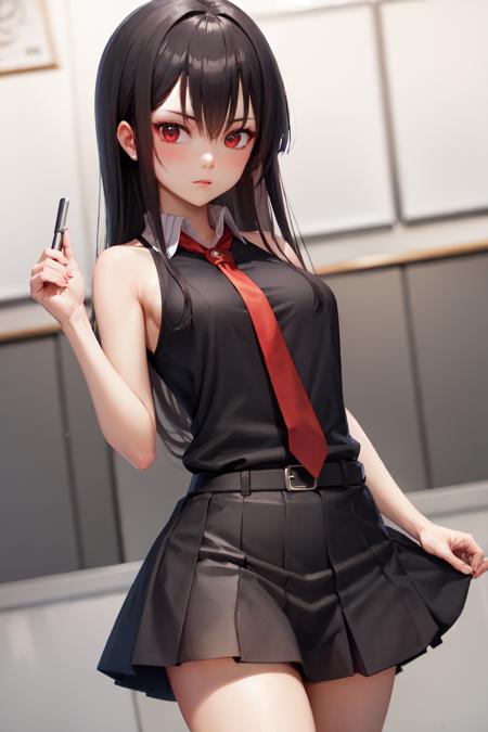 (masterpiece, best quality:1.2), <lora:agk_akame-10:0.8>, cowboy shot, solo, 1girl, akame \(akame ga kill!\), serious, looking at viewer, black collared shirt, red necktie, sleeveless, skirt