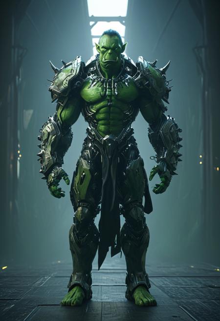 full body shot, hyperrealism very realistic intricate detailed cyborg mech warrior anthropomorphic orc symmetry accurate features, green face skin tone, long ears, cyberpunk, industrial, apocalyptic, very intricate detail, focus, high resolution, full body shot, 16k resolution, dramatic lighting, good contrast, realistic colors, sharp focus, cinematic lighting, anthropomorphic, mecha, Fuji color superia 1600 35mm photo, HD, Symmetrical rendering Very luxurious very perfect very ornate very fine construction details with perfect ratio composition asymmetry, rule of three, Chromatic Aberration, Global illumination, Subsurface scattering, Depth of field, Focal length, Diffusion, Emissive, Atmospheric perspective, Chiaroscuro, Illumination, Linear perspective, Relative apparent size, subtractive light