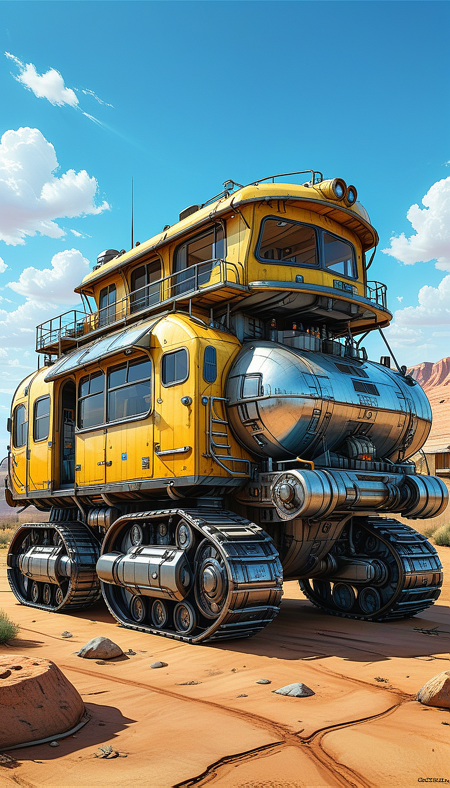 (cel-shading:2)+, (in ARTIST style:1.6), (masterpiece:1.7),  glow blue neon, hyperrealism, glossy, shinny, clear image, accurate picture, clear picture, precise image, focused image, Science fiction style, Science fiction, (cozy comfy ground vehicle, motor vehicle, sky, no humans, cloud, outdoors, vehicle focus, train, truck, scenery, day, military, Tracked Vehicle, Traction City, black yellow stripes paint, house)
comic style, (ultra sharp focus:2), (thin lines:2), (best quality:1.8),
(masterpiece:1.8), (highest detailed:1.8), perfectly lighted, (contrast), (saturated), (((sharp focus))),
(hyperdetailed:1.3), (intricate details:1.2), (Refined details:1.3), (best quality:1.5), highly detailed textures, vibrant colors,
(ultra sharp focus:1.8), (detailed texture:1.8), (detailed edges:1.8), (thin lines:1.8), (best quality:1.8),
<lora:Apparatus_-_Traction_City_Walkers_Vehicles:0.8>,
