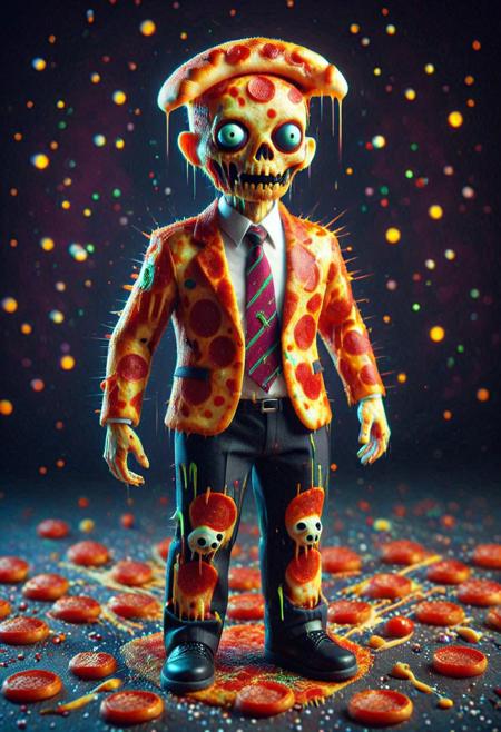 Raw digital photo, Tilt shift photography style, chibi, a glitch low-poly pizza zombie, wearing suit and pants with necktie, ( Unmanned:1.2), flickering, mix of colors psychedelic background,