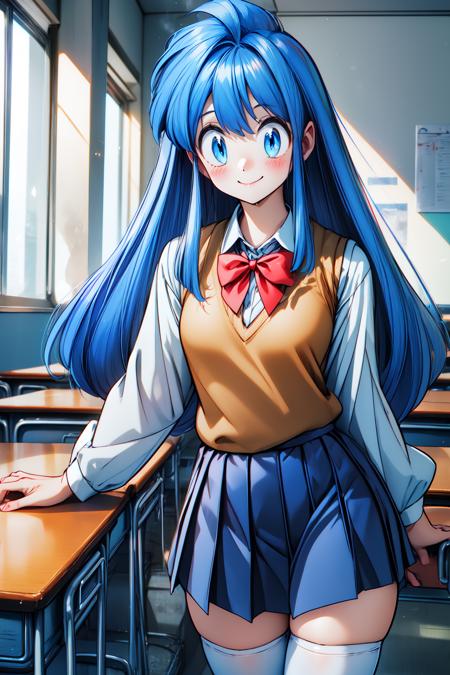 1girl, cowboy shot, classroom, smile, 
okinu-chan, blue eyes, blue hair, sidelocks, long hair, school uniform, shirt, red bowtie, skirt, sweater vest, white thighhighs, <lora:okinuchan_lola_ver2:0.7>, best quality, masterpiece, highres, <lora:GoodHands-vanilla:1>