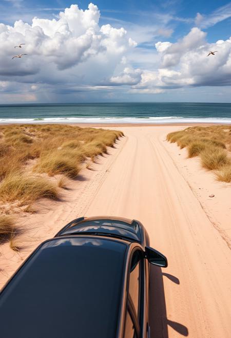 Car running on sandy beach, You can see the ocean, emphasizing the perspective, expanding the area near the distant area, waves, swaying grass and flying birds, shadows on the clouds, the car is positioned based on the golden ratio, movement, savannah wilds, arid prairie, detailed scenery, clouds, 
best quality, sharp focus, high contrast, colorful, ultra quality, 8k, best quality,